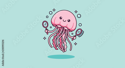 Cute Pink Jellyfish Character Holding Magnifying Glass and Brush.