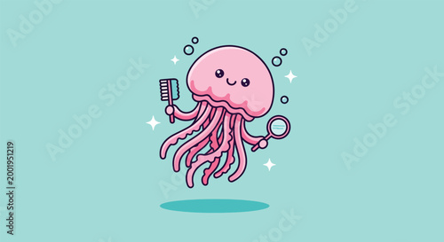 Cute Pink Jellyfish Character Holding Magnifying Glass and Toothbrush.
