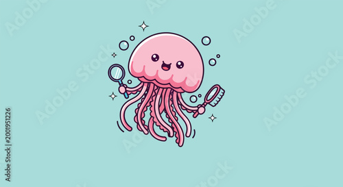 Cute Pink Kawaii Jellyfish Character Holding a Magnifying Glass and Hairbrush Illustration.