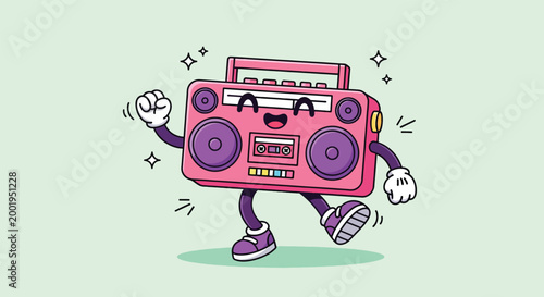 Cute Retro Dancing Boombox Character Cartoon Illustration.