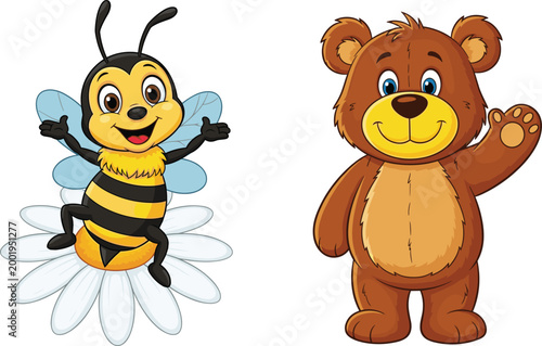 Cute cartoon bee on flower and friendly teddy bear character waving colorful animal mascots vector illustration isolated on white background