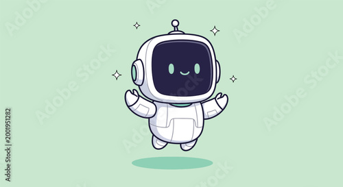 Cute Robot Character Jumping with Joy and Sparkles.