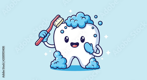 Cute Tooth Brushing with Toothbrush and Soap Bubbles.
