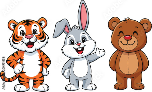 Cute cartoon tiger bunny and teddy bear characters standing together friendly animal mascots colorful vector illustration isolated on white background