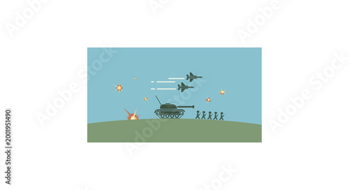 Εκτύπωση καμβά Minimalist illustration of military tank and soldiers under air attack with explosions