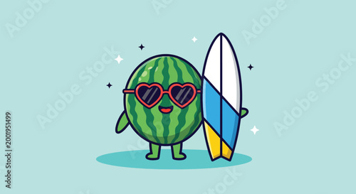 Cute Watermelon Cartoon Character Holding A Surfboard.