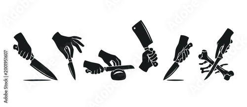 Hands holding kitchen knives set, professional chef tools icon collection, various cutting action silhouettes, black and white minimalist graphic elements for culinary branding and restaurant design m