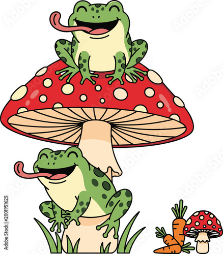 Cute cartoon frogs sitting on red mushroom and grass with small carrot and fungi elements whimsical nature vector illustration isolated on white