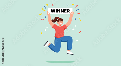 Excited young woman jumping for joy holding a winner sign with confetti.