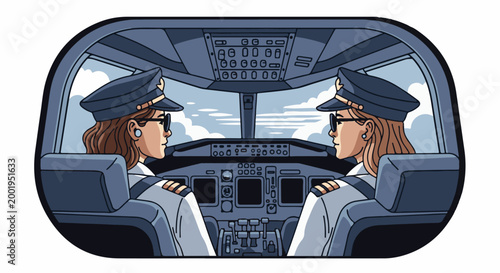Two pilots in uniform operate aircraft controls