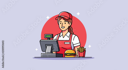 Fast food cashier woman serving burger and fries at counter illustration.