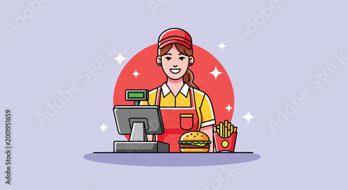 Friendly female fast food cashier serving burger and fries at the counter.