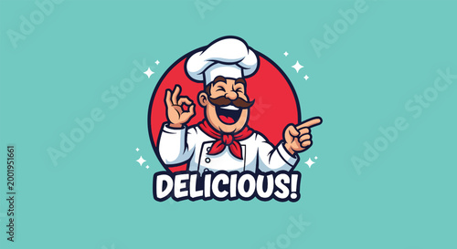 Happy Cartoon Chef Mascot Logo with Delicious Text and OK Hand Gesture vector illustration.