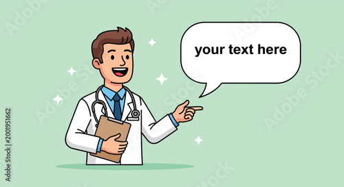 Doctor with Stethoscope and Clipboard Pointing to Speech Bubble.