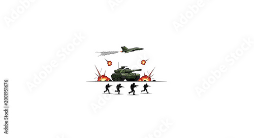 Bild auf Leinwand Silhouettes of soldiers advancing with explosions and military vehicles in combat scene