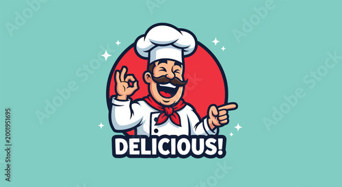 Happy Cartoon Chef Mascot Logo with Delicious Text and OK Hand Gesture.