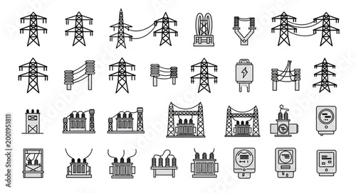 Collection of Electrical Power Transmission Towers and Equipment Icons.
