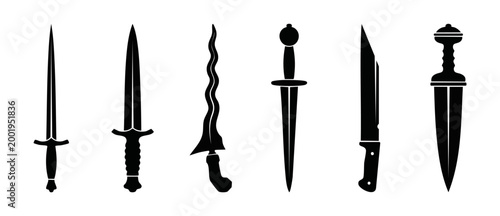 Dagger Set Silhouette Collection Vector, Historic Blade Icons, Sharp Steel Weapons, Medieval Combat Equipment, Various Knife Shapes for Game Design and Illustration, Minimalist Black Blade Symbols Iso