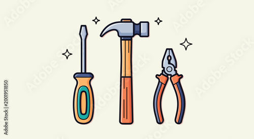 Illustration of Hand Tools Screwdriver Hammer and Pliers Set for Home Repair.