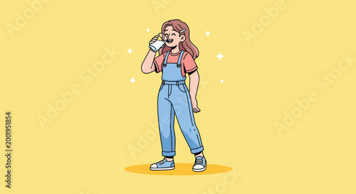 Little Girl Drinking a Fresh Glass of Milk Illustration.