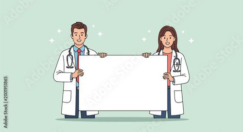 Male and female doctors holding a large blank white board for medical announcements.