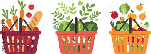 Grocery Shopping Basket Collection with Fresh Vegetables Fruits and Bread Healthy Food Cartoon Vector Illustration for Supermarket Retail and Organic Lifestyle Design