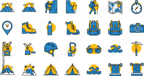 Outdoor adventure and hiking equipment icons set with camping gear mountaineering tools and travel elements colorful flat vector illustration collection