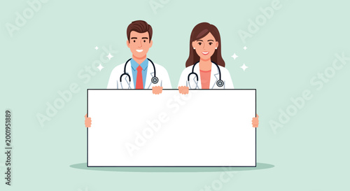 Male and female doctors holding a large blank whiteboard.