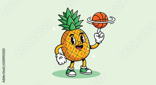 Retro Cartoon Pineapple Character Spinning a Basketball on its Finger.
