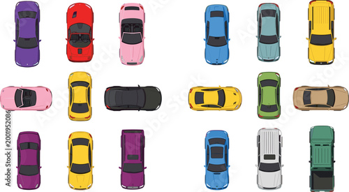 Top view colorful cars collection with different vehicle models and positions transport set isolated on white background flat vector illustration bundle