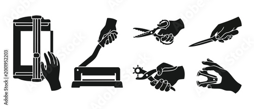 Crafting Tools and Hand Icons Set for Paper Cutting and Stationery Projects, Industrial Manual Equipment Silhouettes for Scrapbooking, Professional Workspace Graphics, Precision Utility Design Element