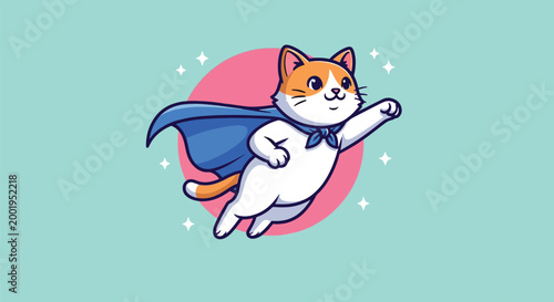 Superhero Cat Flying with Blue Cape and Pink Circle.