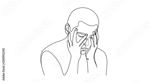 Abstract continuous line drawing portraying emotional struggle, stress, headache, or mental health awareness