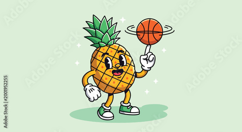 Vintage Cartoon Pineapple Character Spinning a Basketball on its Finger Illustration.