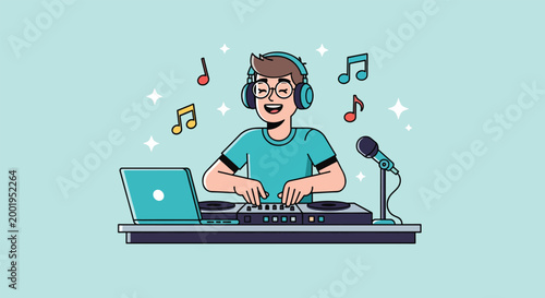 Young DJ mixing music with laptop and controller illustration.