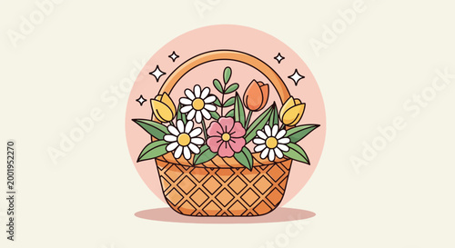 Vector illustration of a wicker basket filled with colorful spring flowers and green leaves.