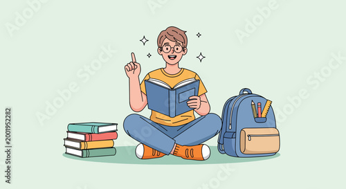 Young boy student sitting on the floor reading a book and having a great idea vector illustration.
