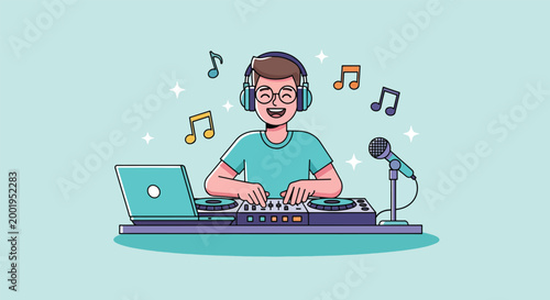 Young Male DJ Mixing Music on Controller with Laptop and Microphone Cartoon Illustration.