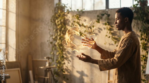 Young man expressing creativity with magical light in a studio  