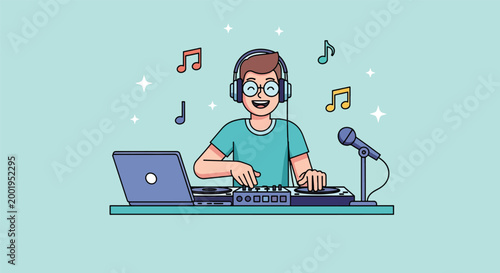 Young Male DJ Mixing Music with Laptop and Turntable Vector Illustration.