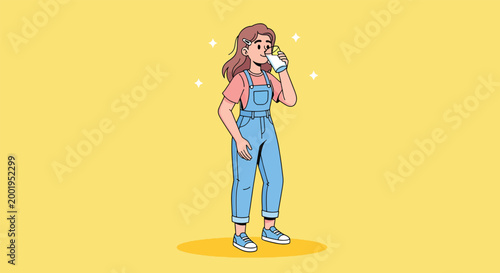 Young Girl in Overalls Drinking Milk Illustration on Yellow Background.