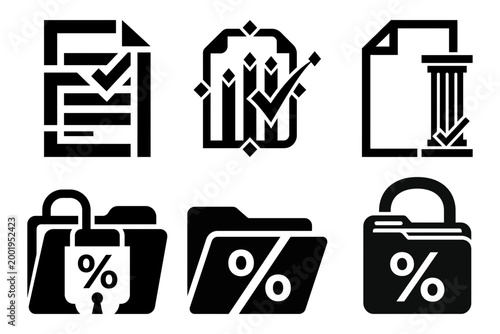 Business form verification and finance document icon set