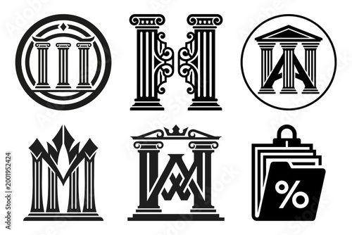 Bank document approval and financial institution icon set
