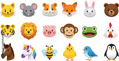 Cute animal faces and characters collection including farm wild and cartoon animals colorful flat vector illustration set isolated on white background