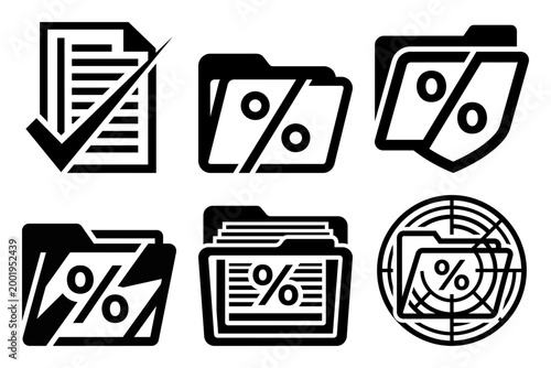 Business tax filing folder and payment icon set