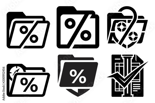 Corporate finance checklist and tax calculator icon set