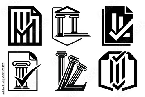 Banking law courthouse and finance document icon set