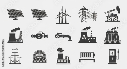 Collection of industrial energy production and power generation icons.