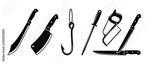 Kitchen Knives and Butchery Tools Set - Vector Icons Collection for Chef, Butcher, and Meat Preparation featuring Cleaver, Hacksaw, Machete, Sharpening Steel, and Hook in Black Flat Silhouette Style