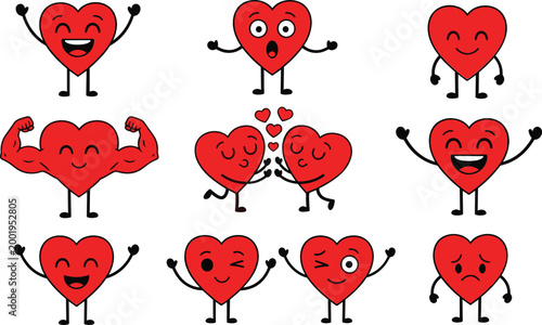 Cute heart characters set with different emotions and expressions love themed cartoon collection for valentines day vector illustration isolated on white